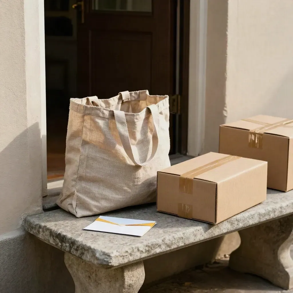 Borsa riutilizzabile, busta coupon e due scatole consegna su una panca di pietra