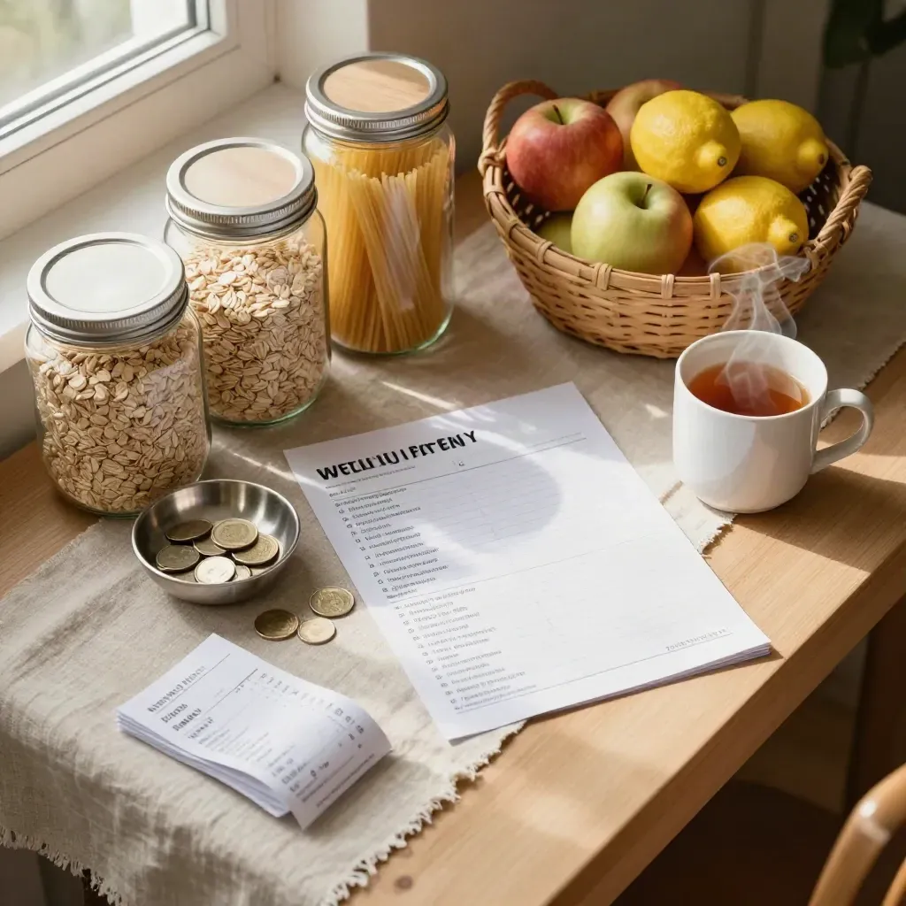 Angolo colazione dall’alto con barattoli, frutta, monete e scontrini per il budget familiare.
