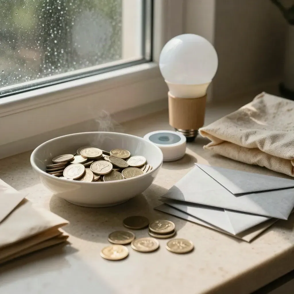 Bowl di ceramica, termostato smart, lampadina e buste bollette su un piano di pietra.