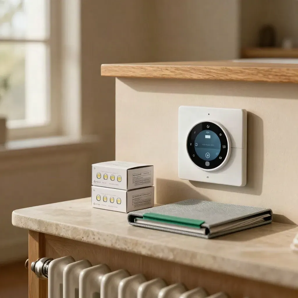Termostato smart, scatole LED e cartella utility su piano in pietra, luce calda domestica.