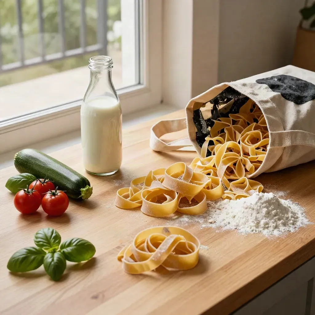 Spesa di famiglia con verdure, pasta e latte raggruppati su un piano di legno chiaro.