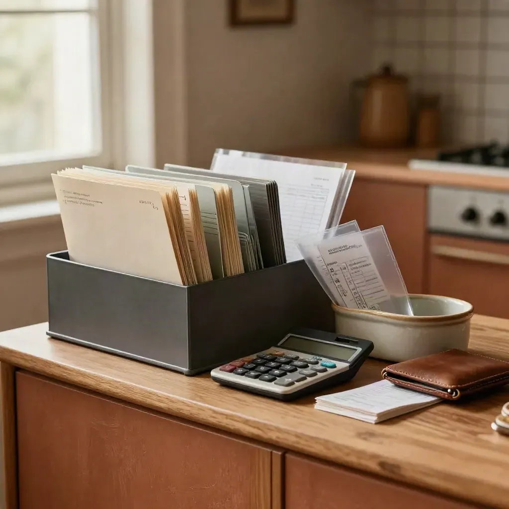 Organizer grigio in cucina con calcolatrice e fogli piegati su una madia in luce morbida.