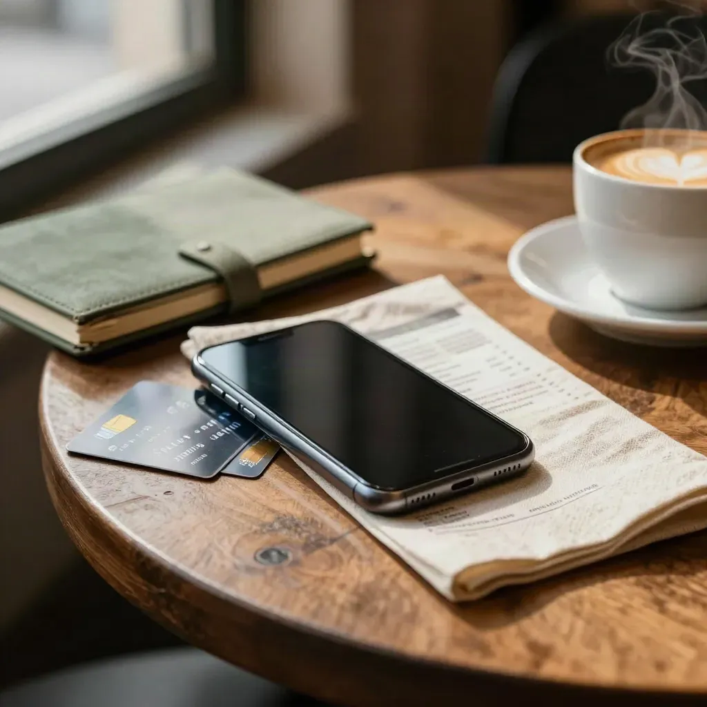 Smartphone, carta bancomat e taccuino su tavolino da caffè con vapore d'espresso.