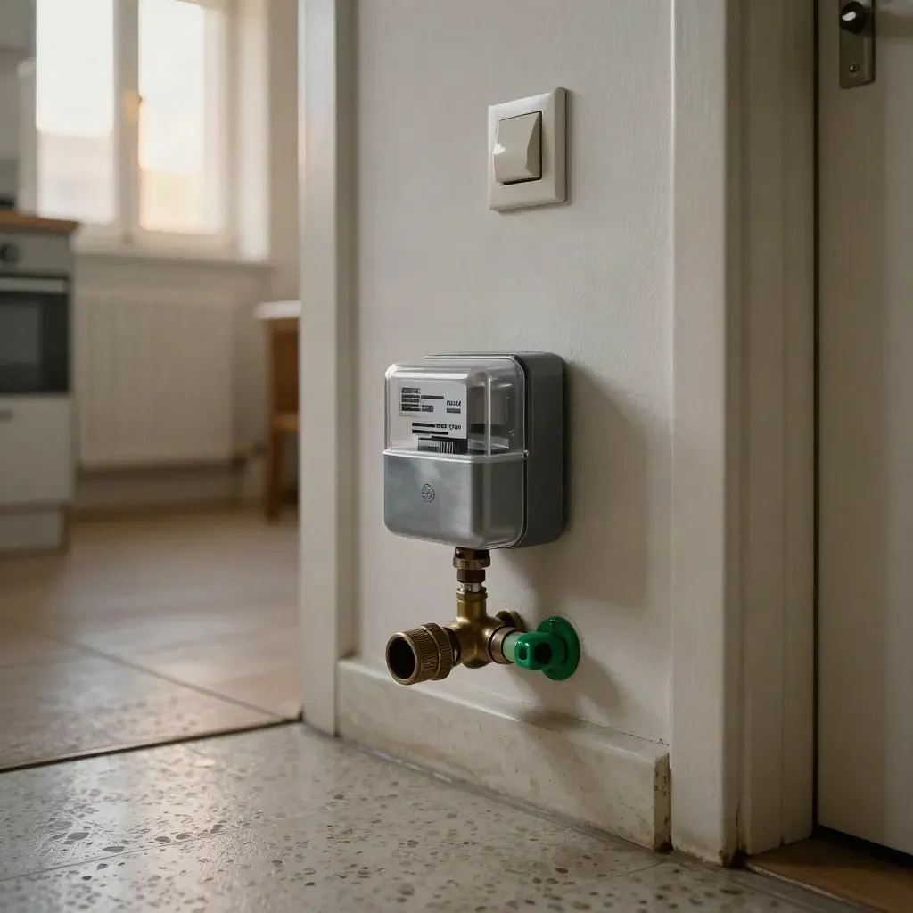 Contatore luce, valvola del termosifone e interruttore in corridoio, luce mattutina
