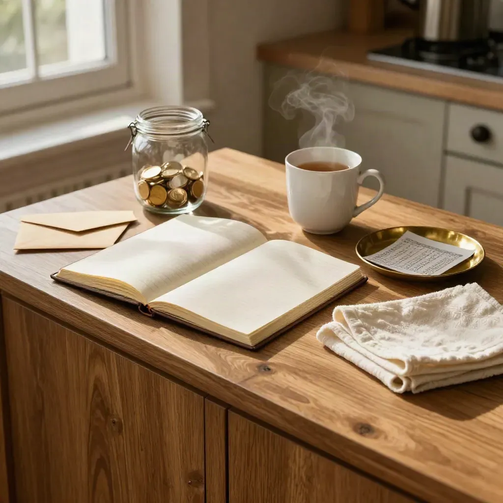 Sideboard cucina con quaderno contabile, salvadanaio, buste e tazza fumante in luce calda.