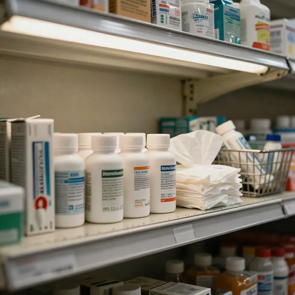 Scaffale farmacia con dentifrici, vitamine, fazzoletti e cestino di beni essenziali.