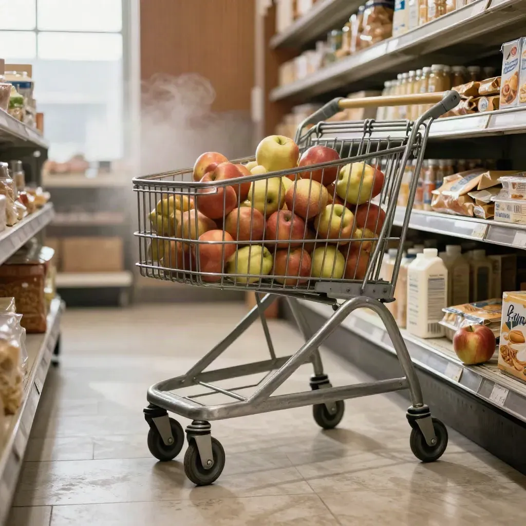 Carrello della spesa con mele, pasta e latte vicino allo scaffale, in corsia di supermercato.