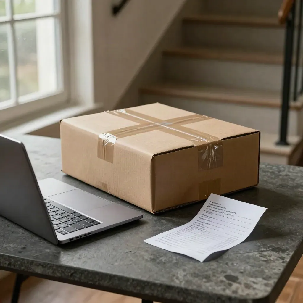 Pacco sigillato, laptop chiuso e modulo capovolto su tavolo scuro, luce da finestra.
