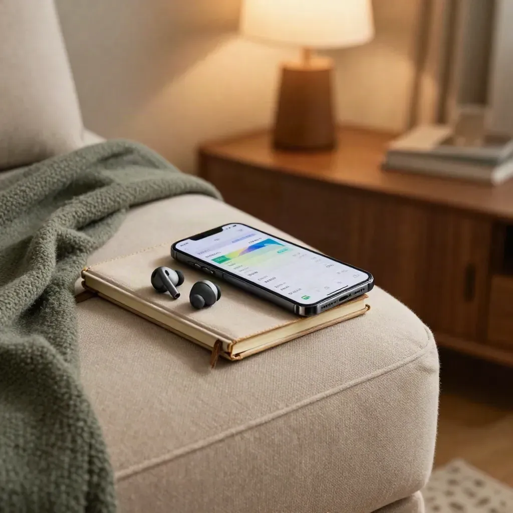 Smartphone con app spese, auricolari e taccuino sul bracciolo del divano, luce calda.