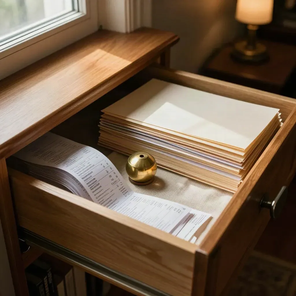 Cassetto archivio aperto con ricevute, cartelline e fermacarte in ottone, luce calda naturale.