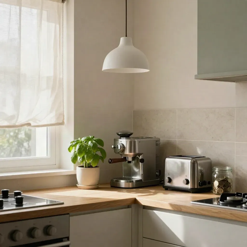 Angolo cucina arioso con lampada spenta, pianta singola e barattolo di monete vicino alla finestra.