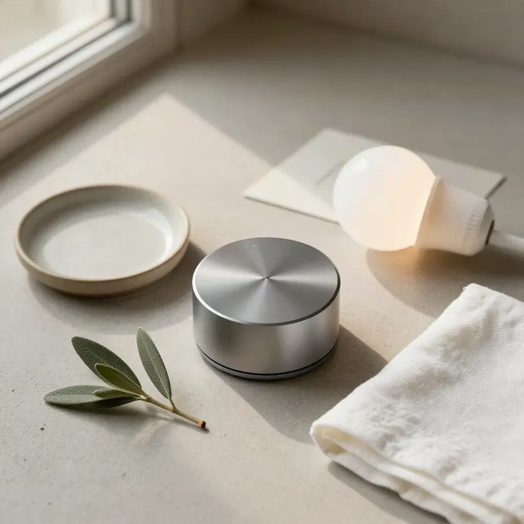 Flat lay di termostato smart, lampadina LED, piattino e rametto d’ulivo su cemento chiaro.