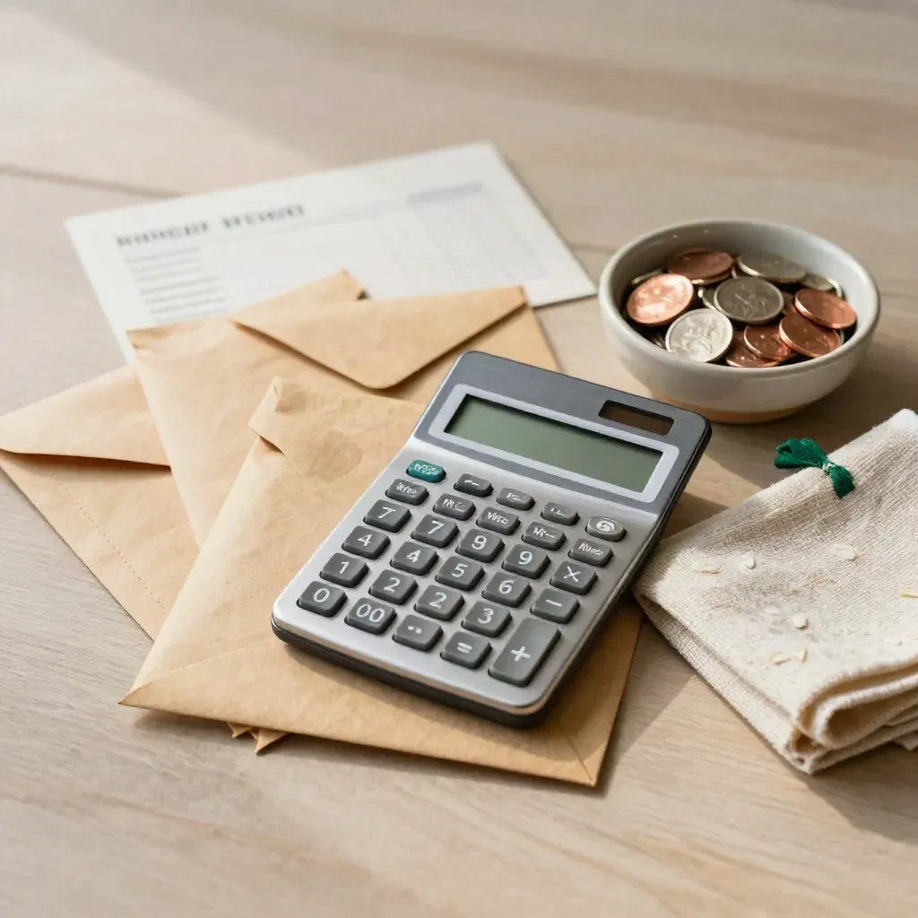Kit budget familiare con buste, calcolatrice, ciotola di monete e panno su legno chiaro.